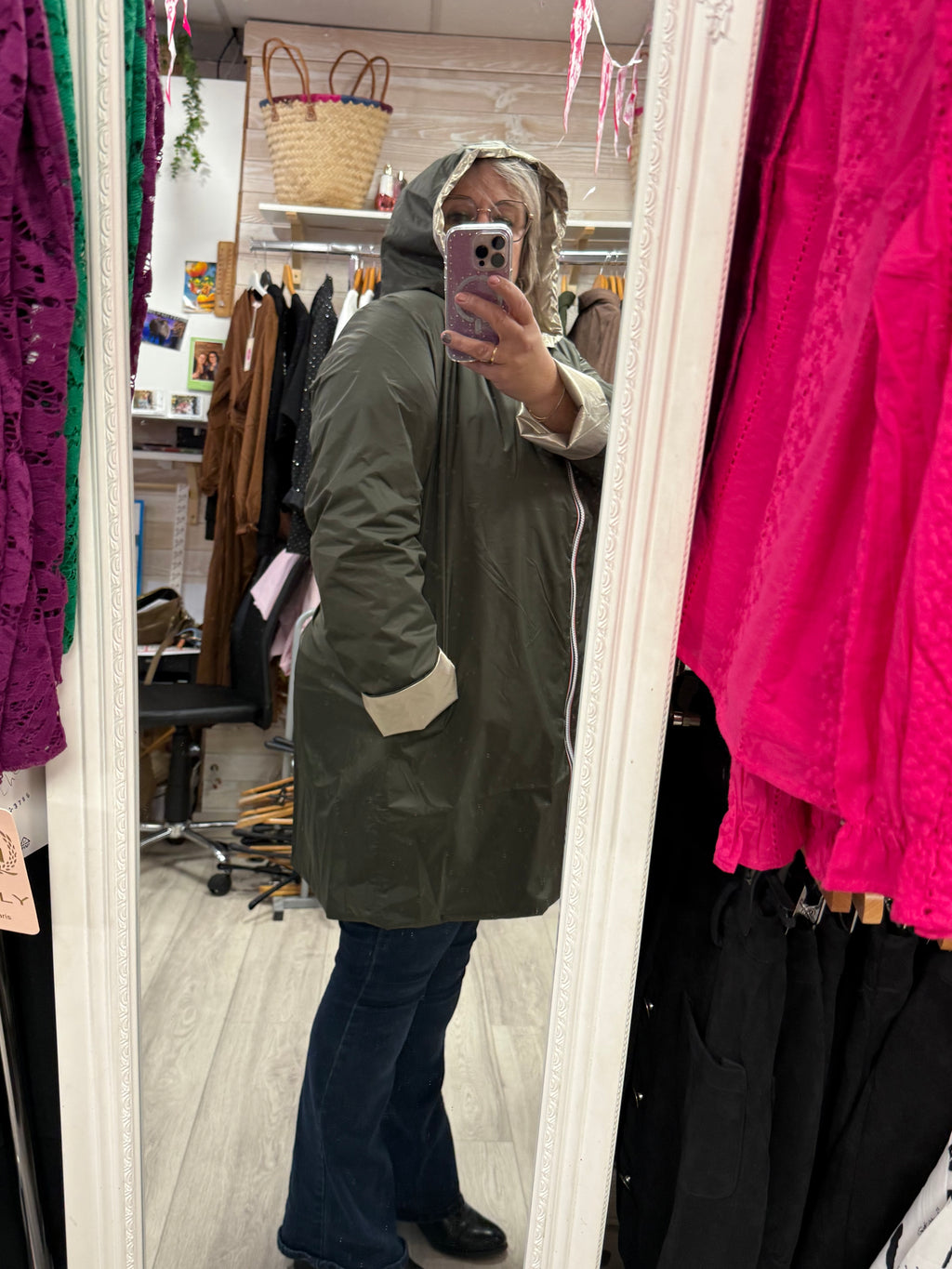 Imperméable réversible kaki et doré