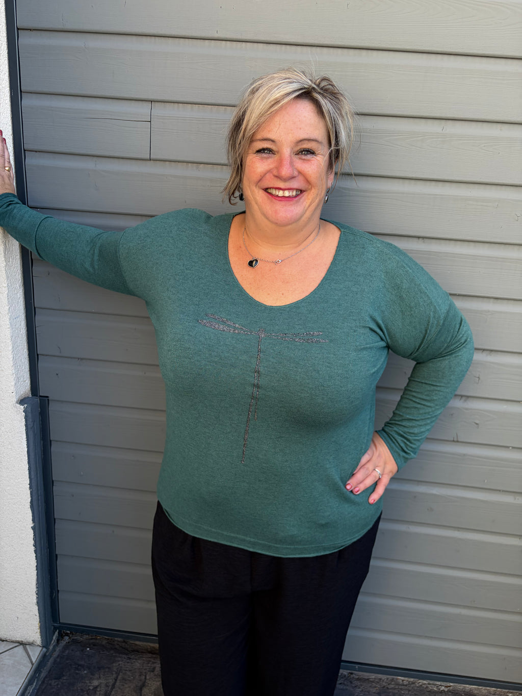Petit Pull Bleu/ Vert – Libellule Pailletée